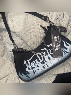 Von Dutch Black Shoulder Bag with Blue & White Flame Logo
